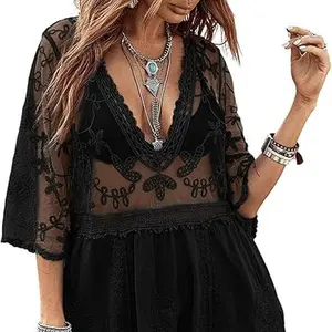 Women's Contrast Lace Bathing Suit Cover Up V-Neck Swimsuit Coverups Loose Swimwear Beach Dress Beachwear
