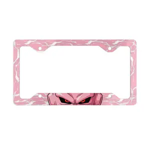Pink Electric Alien Face Metal License Plate Frame Anime Car Accessory High-Gloss Vivid Colors Unique Cutaway Shape Durable Aluminum Front Silver Backing Pre-Drilled Holes