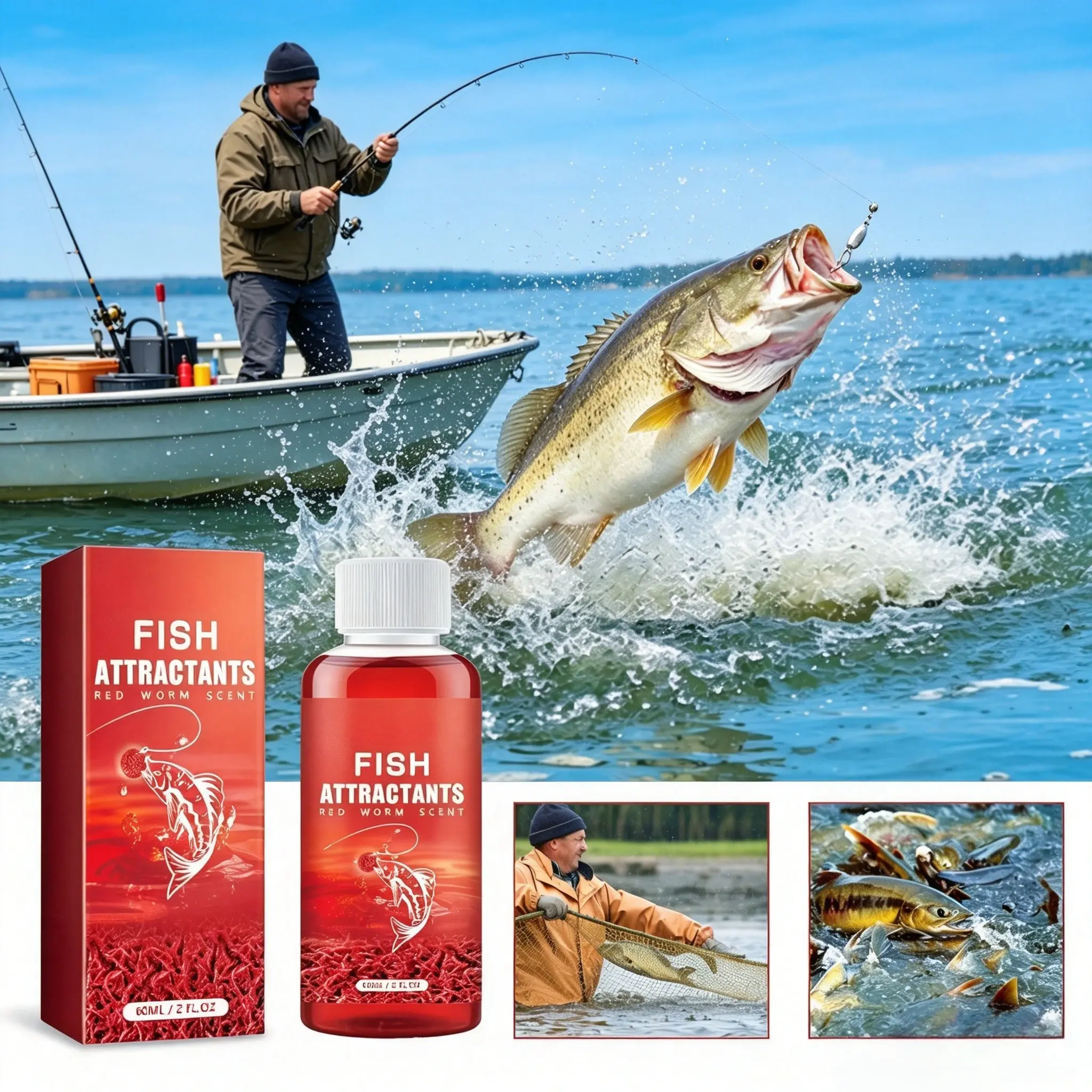 Fish Attractant Liquid Bait, 60ml Fishing Supplies - Easy to Use Concentrated Red Worm Formula with Quick Dispersal for Freshwater Carp, Tilapia & Saltwater Snapper, Can Be Added Directly To Water