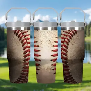 1pc 30oz Stainless Steel Double Wall Insulated Cup with Vintage Baseball Stitching, Large Capacity Travel Mug for Camping, Commute & Sports, Portable Handle Design for Baseball Fans, Stainless Steel Tumbler