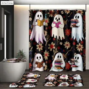 1/3/4PCS HALLOWEEN GHOSTS WITH BOOKS ON FLOWERY BACKGROUND Shower Curtain Set with Rugs, Non Slip Bath Mat, U-Shape Carpet, Toilet Lid Cover, Bathtub Curtain Accessories, 12 Hooks, Home Bathroom Festival Decor