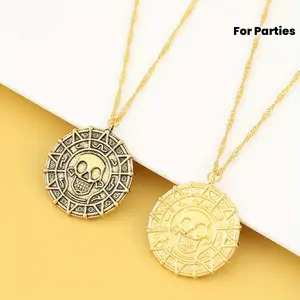 Caribbean Necklace with Zinc Alloy Aztec Golden Coin Skull Pendant, Perfect for Parties and Halloween