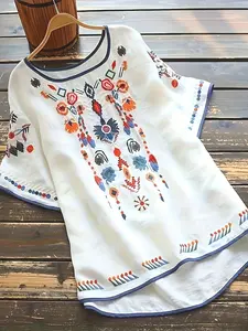 Plus Size Women's Ethnic Style Embroidered Shirt, Blouse, Casual Long Sleeve Button Front Top, Fall & Winter Fashion, Comfortable Fit