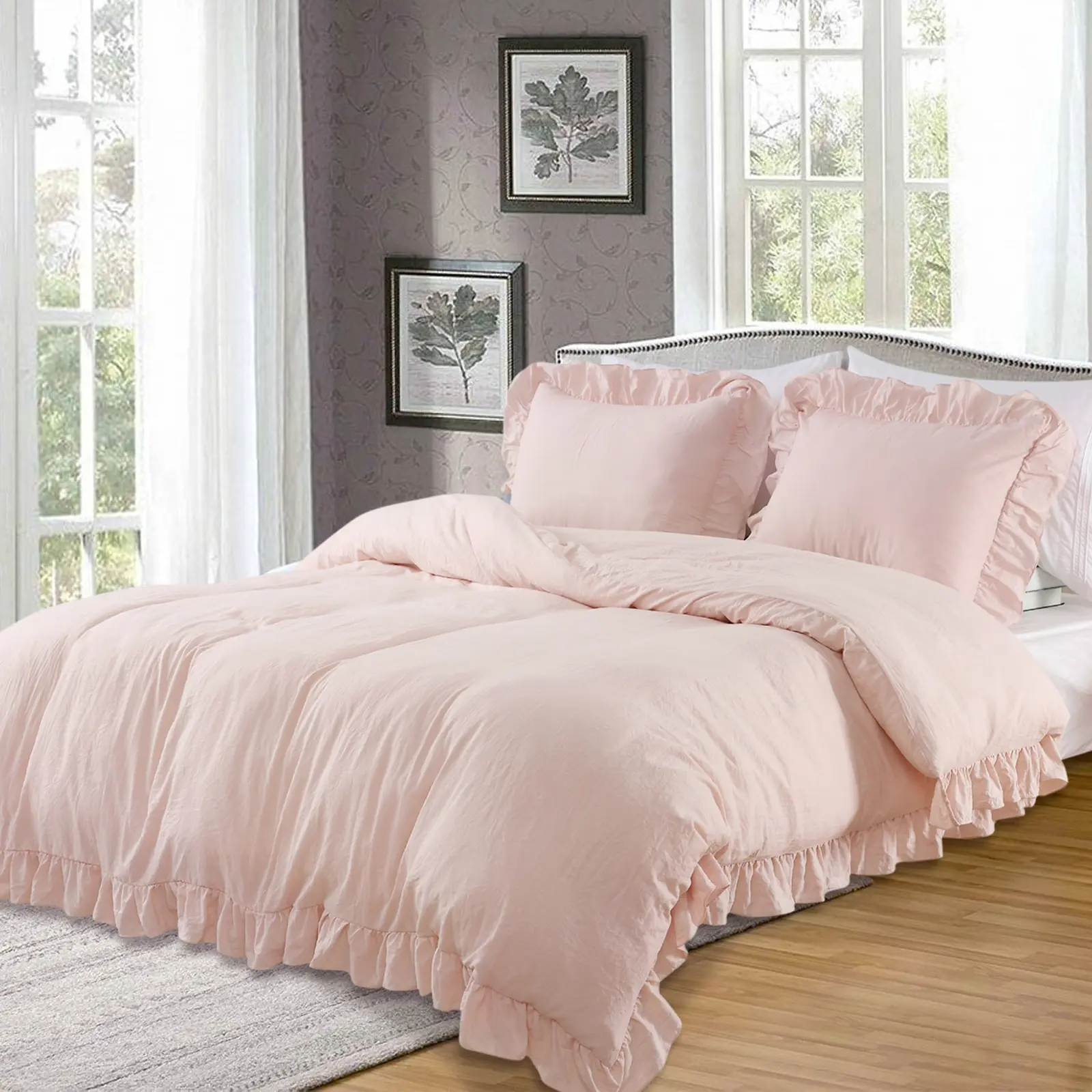 Queen Duvet Cover Set, French Country Ruffle Fringe Bedding, Vintage Shabby Chic Farmhouse Style, Soft Brushed Microfiber Duvet Cover with 2 Pillowcases
