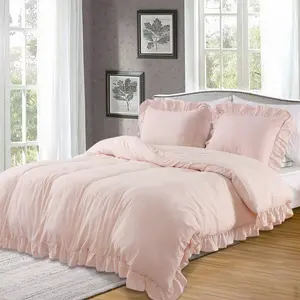 Queen Duvet Cover Set Pink, French Country Ruffle Fringe Bedding, Vintage Shabby Chic Farmhouse Duvet Cover with 2 Pillowcases, Soft Brushed Microfiber