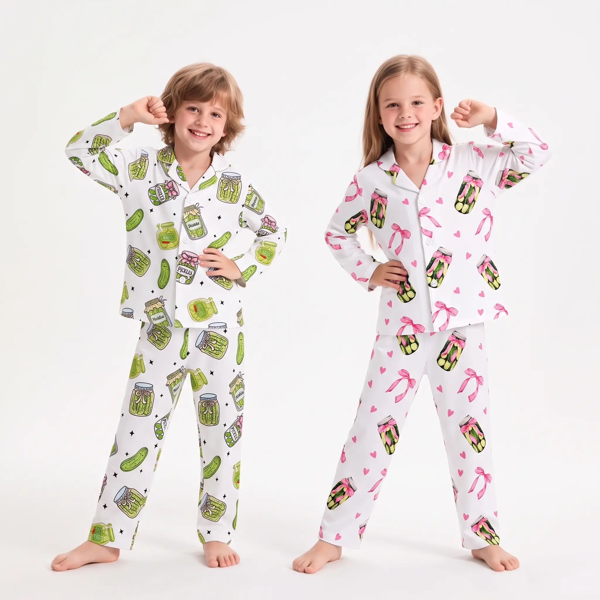 Unisex Cut Kids' Pickle Print 2-Piece Pajama Set - Soft Fabric Long Sleeve Top, Comfortable Pants, Playful Kids' Sleepwear Set