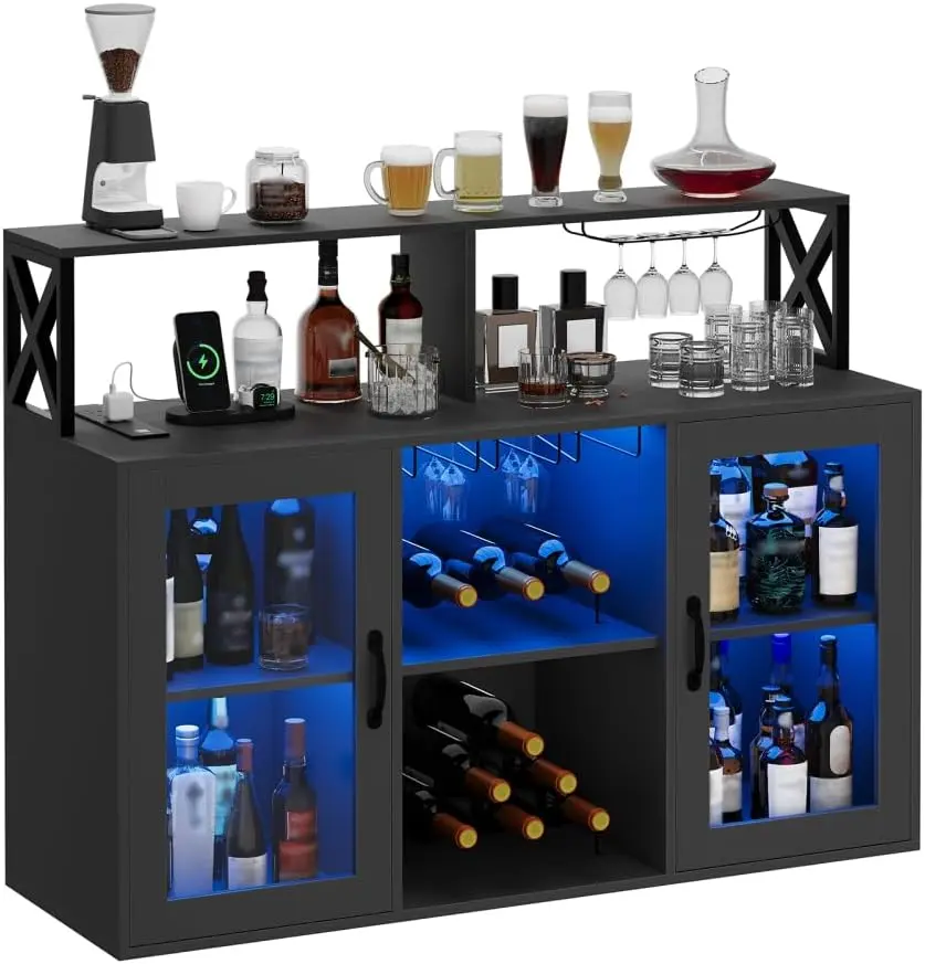 Gaomon Freestanding Wood Modern Bar Liquor Cabinet with Power Outlets, LED Lights, Glass Holder Organizer, Storage Compartments, Racks for Home, Kitchen, Freestanding Wood Cabinet, Modern Storage Cabinet