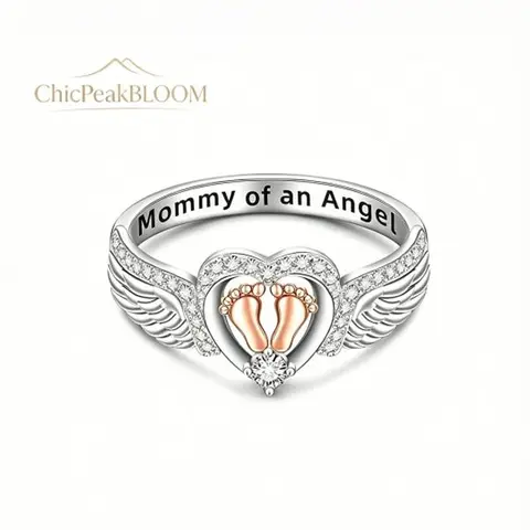 Sterling Silver Angel Wing Heart Design Ring with Footprints - Custom Engraving Commemorative Ring for Moms, Memorial Gift Custom Gifts Option, Sizes 6-10