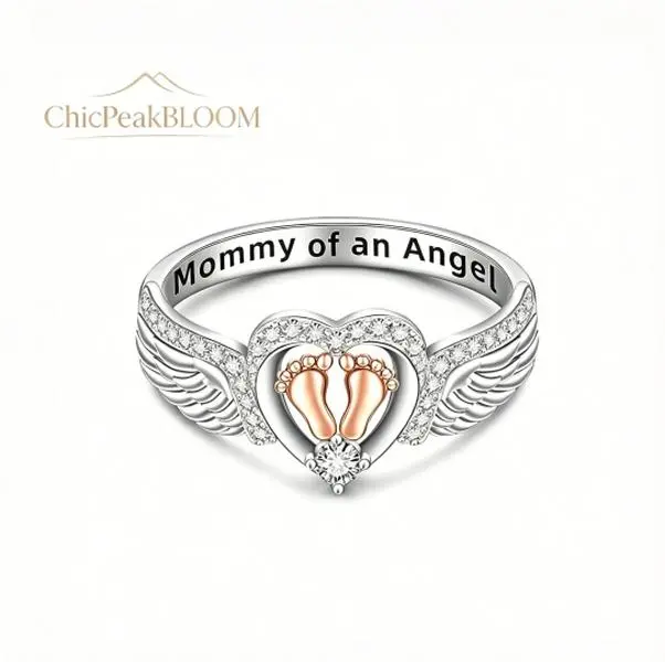 Women's Sterling Silver Angel Wing Ring - Heart & Footprint Band, Memorial Gift for Moms