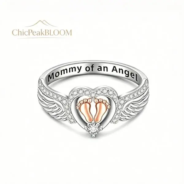 Sterling Silver Angel Wing Heart Design Ring with Footprints - Custom Engraving Commemorative Ring for Moms, Memorial Gift Custom Gifts Option, Sizes 6-10