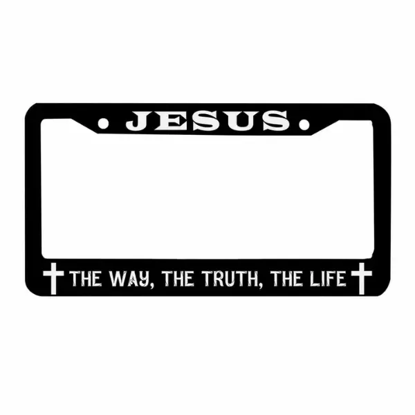 Jesus The Way The Truth The Life License Plate Frame, Christian Bible Verse Quote Car Tag Holder, Black Aluminum Holy Cross Auto Plate Covers for Front Rear Plates with Screws Caps
