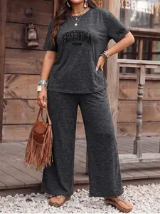 Plus Size Casual Two-Piece Set, Printed Tie-Dye Short Sleeve Round Neck T-Shirt and Wide-Leg Pants, Suitable for Daily Casual Outings.