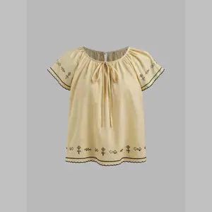 Cider [size 2-10] 100% Cotton Round Neckline Aztec Embroidery Wave Trim Knotted Short Sleeve Blouse