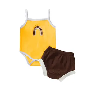 2pcs Newborn Baby Girls Shorts Sets Rainbow Embroidery Sleeveless Sling Romper Jumpsuit Bodysuit + Solid Color Short Pants Outfit Set