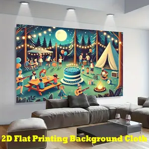 2D Flat, 1pc Camping Celebration Party Backdrop Banner - Vibrant 2D Flat Printing Polyester Background Cloth with Tent, Bonfire, Guitar, and Moonlit Forest Scene for Indoor/Outdoor Decor, Birthday & General Celebrations, Camping Decorations, 2D Flat