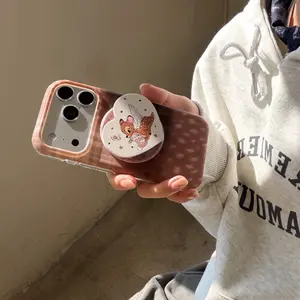 Plaid Deer Pattern Joint + Heart-Shaped Deer Stand Phone Case for iPhone 17 Pro Max 16 Pro Max 15 Pro Max 14 Pro 13 Pro Stylish Women's Phone Case Cover