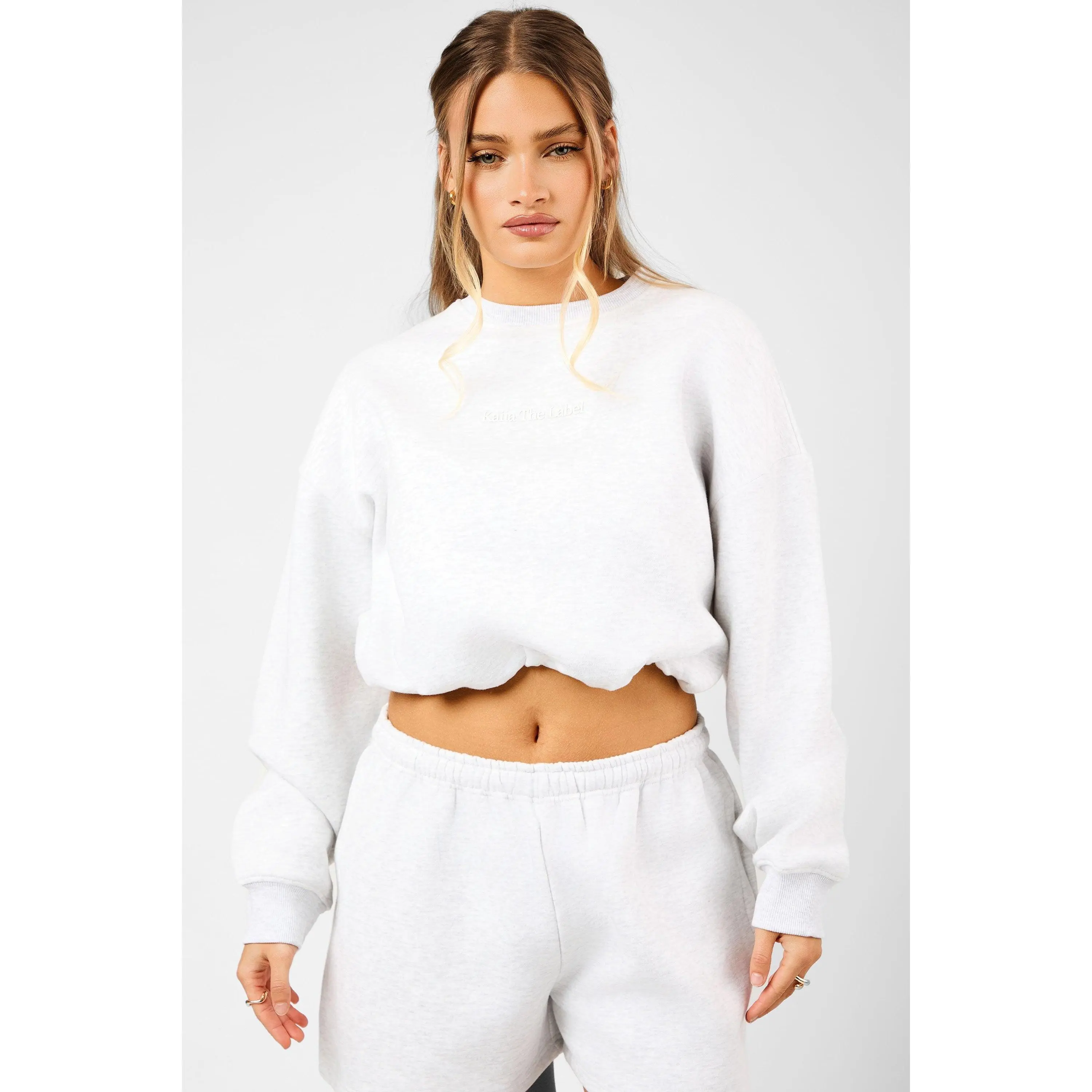 Kaiia The Label Bubble Hem Cropped Sweatshirt Light Grey Marl