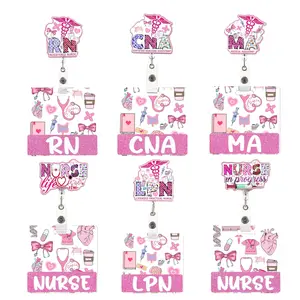 Glitter acrylic letter nurse pattern retractable badge ID card holder, personalized gift for employees