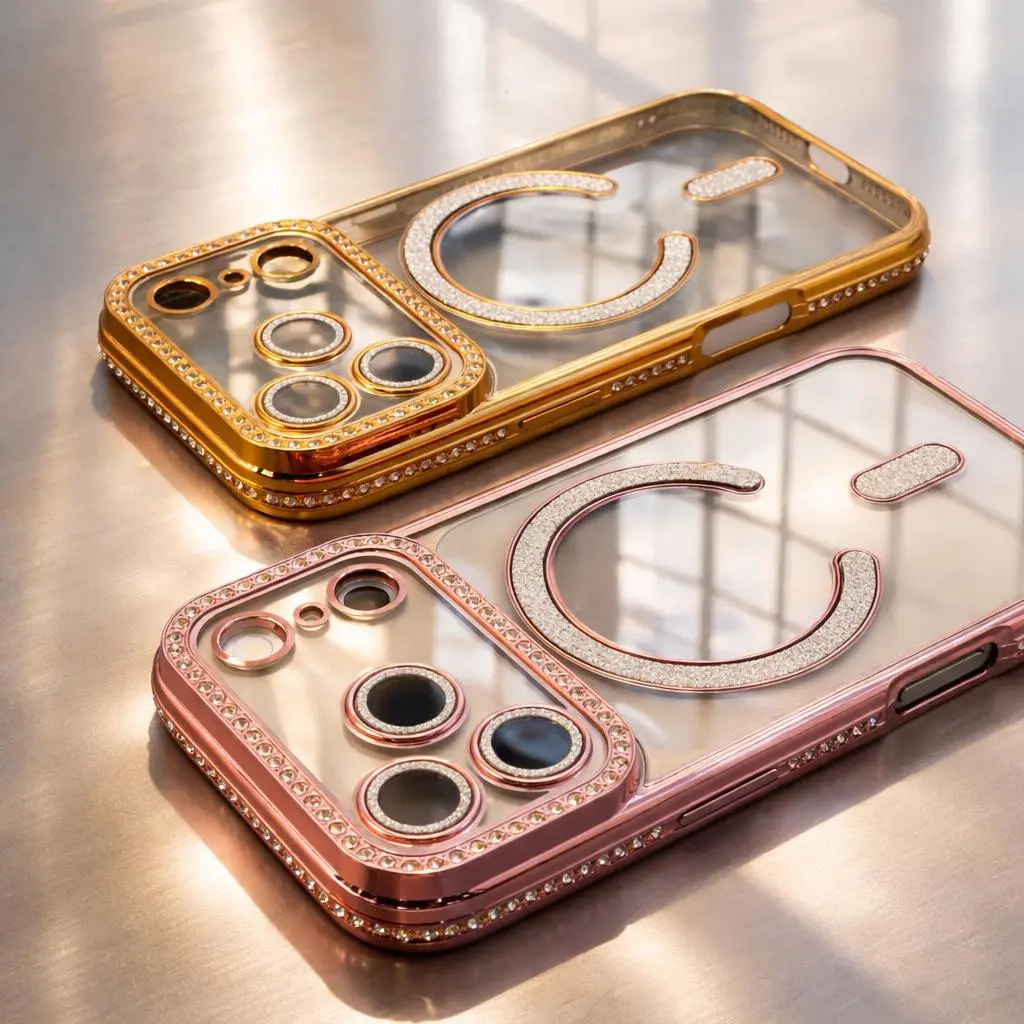 Luxury Electroplated Rhinestone Surround Magnetic Phone Case Suitable for iPhone Air iPhone 17 16 15 14 13 Pro 16 15 14 Plus Wireless Charging, Anti Drop Lens Protection, Shining Phone Protective Case