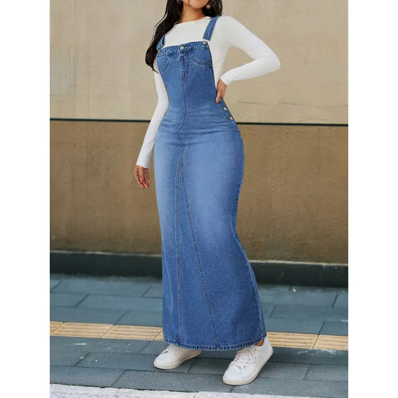 Women's Casual Solid Denim Pinafore Overall Dress - Strappy, Loose Fit, Button Front, Long Length, Detachable Straps, Sleeveless, Cotton-Polyester Woven Fabric, Hand Wash Only Spring Casual Dress
