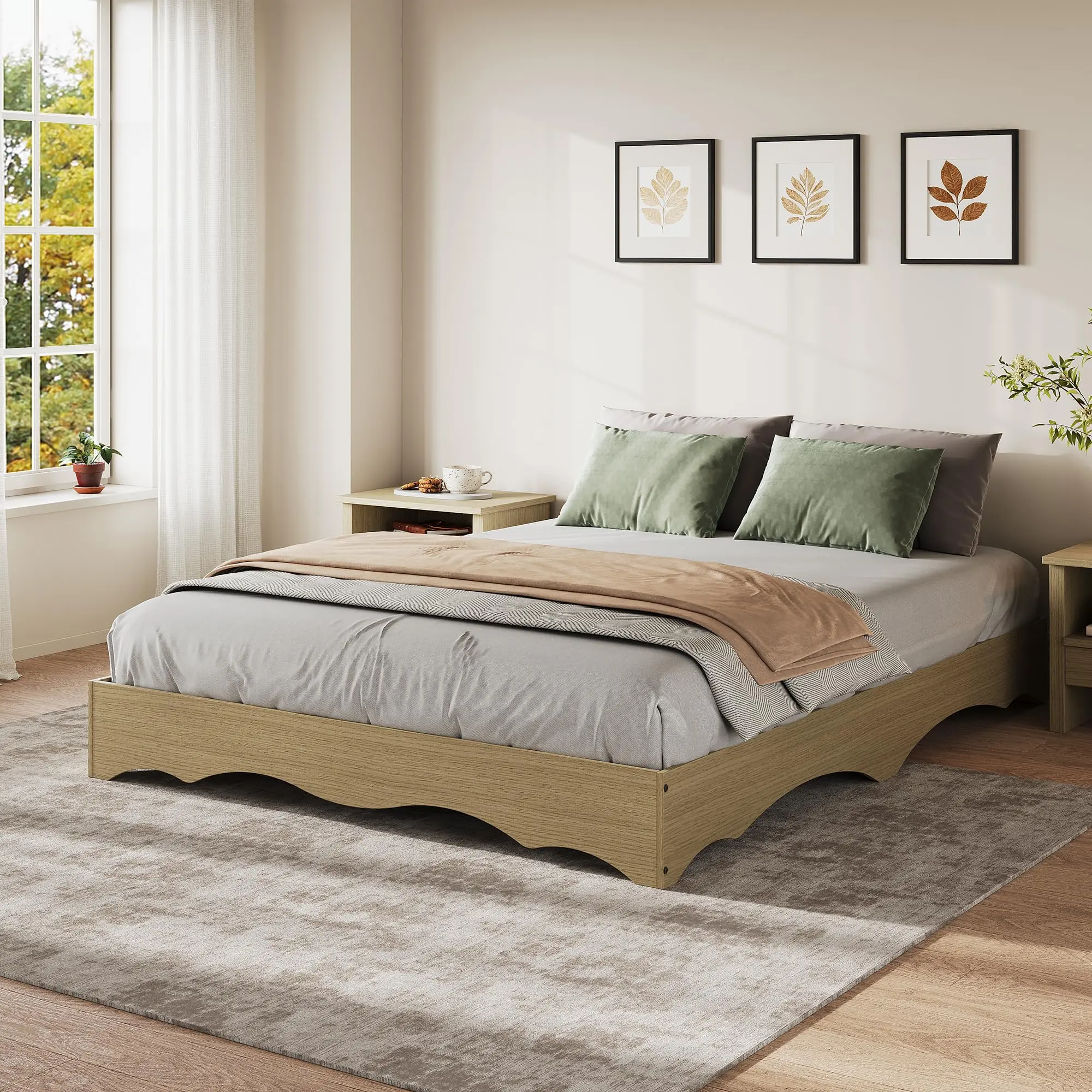 Twin XL Bed Frame, Wood Platform Bed with Wave Design, Low Bed Frame Without Headboard, Minimalist Bed Base with Noise-Free, Easy Assembly, No Box Spring Needed