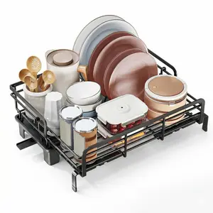 Adjustable Dish Drying Rack for Kitchen Counter, 2-Tier Expandable Over Sink Dish Drainer (16.5-19.7in), 360° Rotatable Pull-Out Organizer Shelf. Space Saving Carbon Steel Drying Bracket for RV, Apartment & Home. Fast Drainage No Drill.