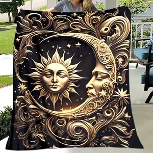 Celestial Sun and Moon Printed Flannel Throw Blanket-Mission Swing Style, Machine Wash, Tear Resistant, Four Seasons Universal Quilting Bedding, Digital Printing Polyester Process, Weaving 200-250G