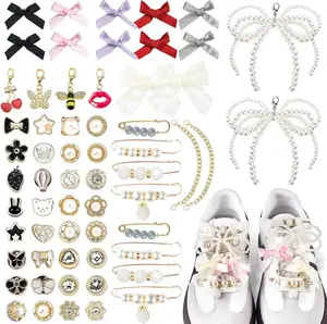 60PCS Shoe Charms for Sneakers, Bling Sneaker Charms with Pearl Rhinestone Brooches and Safety Pins Buttons Lobster clasp pendant for Shoelace Sock Clothes Bag Hat Decor Accessories for Women