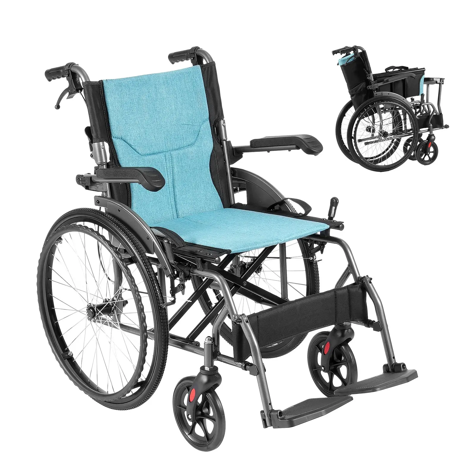Ultra Lightweight Portable Wheelchair 30lbs, Foldable Aluminum Alloy Wheelchair 265lbs Weight Capacity, Flip-Back Arms 3-Position Adjustable Footrests, 18 Inch Wide Seat, Puncture Proof Solid Tires for Travel Elderly Handicap