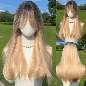 SMILCO/24Inches Ombre Blonde Loose Wave Medium Long with Bangs Synthetic Wigs for Christmas/SM5227High-Quality Heat-Resistant Fibers Adjustable Strap Mesh Cap
