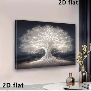 2D Flat, 2D Flat, A 2D Canvas Art Piece of a White Tree of Life, Elegantly Framed In, Perfect for Decorating Walls in Living Rooms, Bedrooms, Offices, Or for Unique Christmas Gifts at a Singles Party	