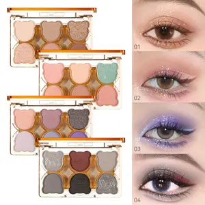 Xixi Working Bear Six-Color Eyeshadow Palette, Cool Diamond Blue, Y2K Style Smoky Cut Crease Eye Makeup, Glitter Shimmer Eyeshadow