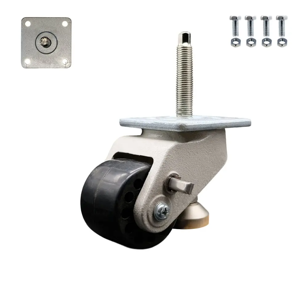 Service Caster SCC-TSLV30S75-NYR-1100-B-DC Powder Coating Nylon Swivel Top Plate Light Duty Caster, Adjustable Leveling, 2.8 in. Black Wheel, 1100 lbs Total Capacity, Fastening Bolts, for Medical Equipment, Office Use, Casters, 8" H X 8" W X 8" L