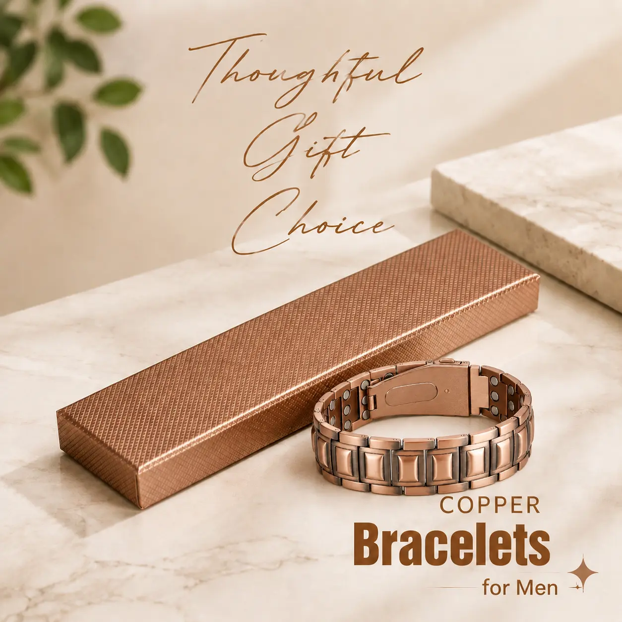 99.9% Pure Solid Copper Magnetic Therapy Bracelet for Men - Geometric Metal Bangle with Unique Folding Clasp, Sizing Tool & Gift Box