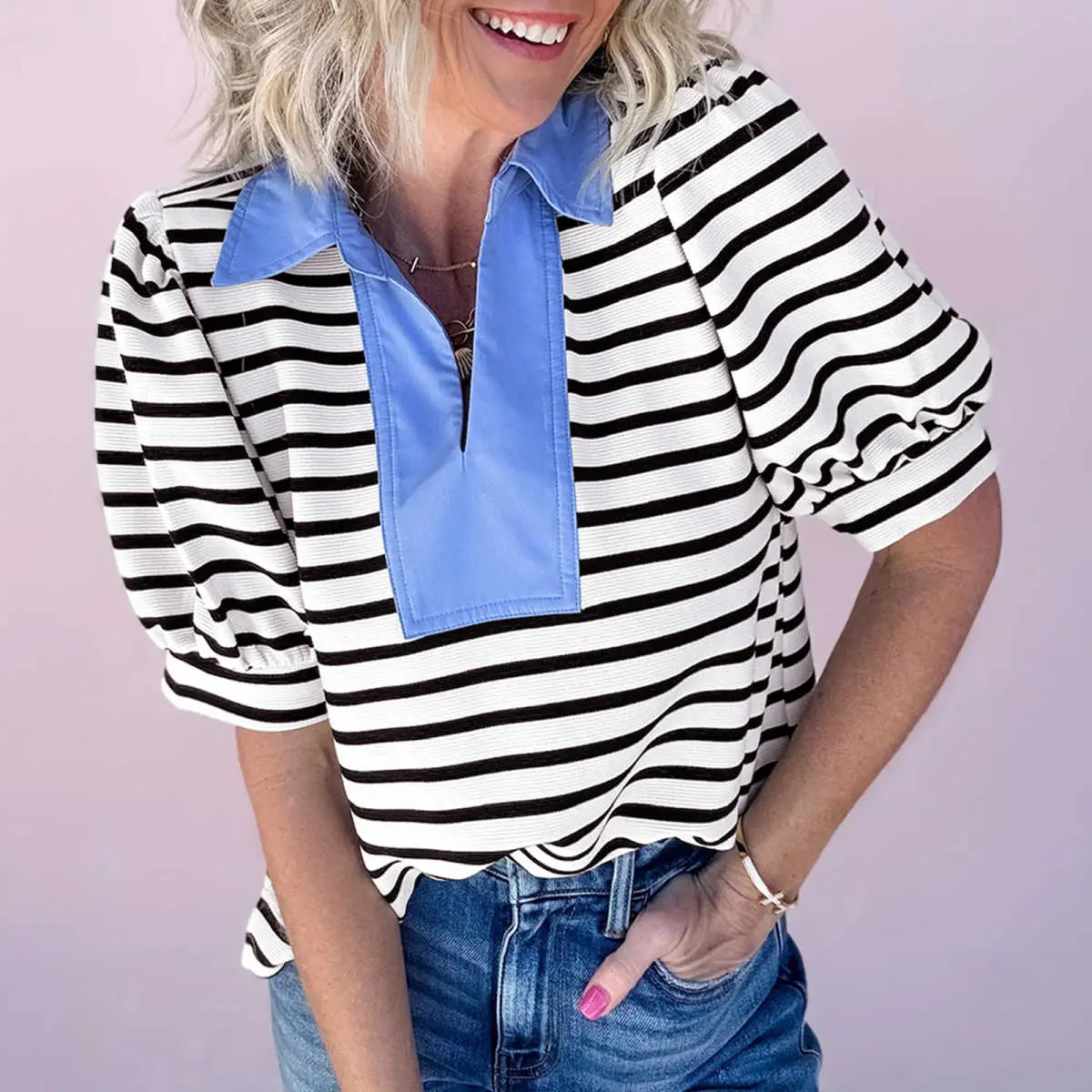 Black Stripe Short Puff Sleeve Color Block Polo Collar Blouse