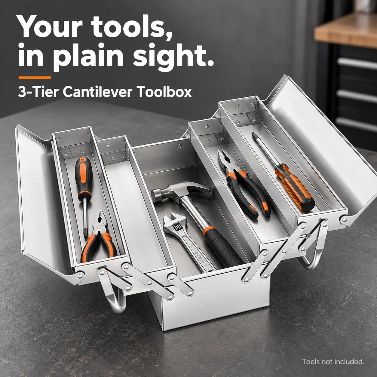 Heavy-Duty Stainless Steel Tool Box - Triple-Fold Compact Model, Large-Capacity Portable Organizer for Tool Organization, No Assembly Required, Ideal for Home/Garage Workshop Setup