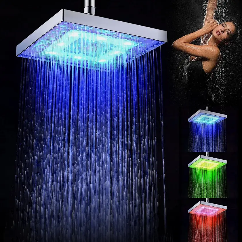 8-Inch Square LED Shower Head, 7-Color Changing Lights, Adjustable Powerful SPA Water Flow, Luxury Bathroom Accessory for Home Bath Relaxation & Enhanced Shower Routine