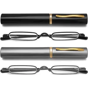 2 Pairs Mini Reading Glasses Compact Spring Hinged Slim Pocket Readers with Pen Clip for Easy Carry +1.5, 2 Pack(black/Grey)