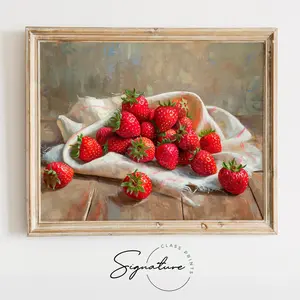 Strawberry Still Life - Summer Berries on Linen Napkin Art, Rustic Picnic Table Decor, Fresh Fruit Harvest Wall Art, Unframed
