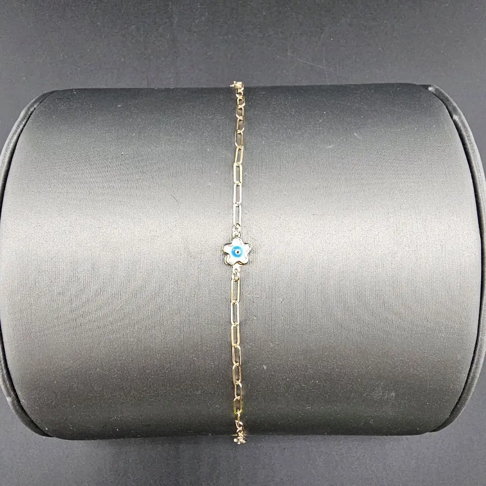 14k Gold Bracelet, Flower and Evil Eye Design, Size 7 for Everyday Wear