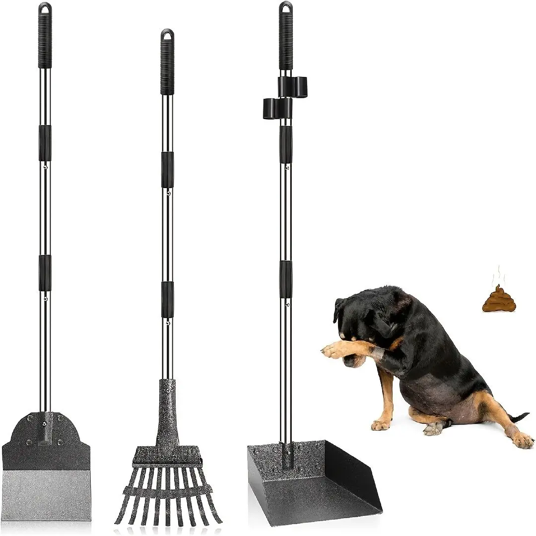 Dog Pooper Scooper 3-Piece Stainless Steel Set - Adjustable Handle, Non-Stick Build, Rustproof, No-Bend Design, Rake, Spade, Oversized Tray for Outdoor Cleaning of Grass, Dirt Pet Waste