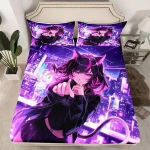Kids Anime Girl Bed Sheets,Japanese Anime Fitted Sheet,Cartoon Girl Bedding Set for Boys Teens Bedroom Decor,Kawaii Japanese Animation Bed Set with