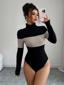 Women's High Neck Patchwork Long Sleeve Jumpsuit, Slim-Fit Casual Winter, Fashionable Layered Wear, Plain Knitted Fabric