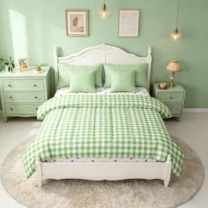 Green Gingham Comforter Set 7 Pieces Modern Style Checkered Pattern Bedding Set Boys Girls Boho Grid Plaid Bed in a Bag with Comforter,Sheets,Pillowcases,Cushion Covers