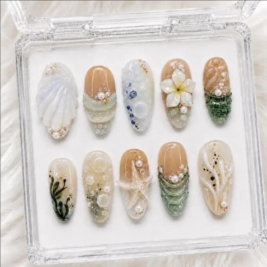 White Ocean Hand-Painted Press On Nails, 3D Starfish Shell & Floral Nail Art Set, Mermaid Summer Vibe Gif For Her, Holiday & Vacation Party Gif