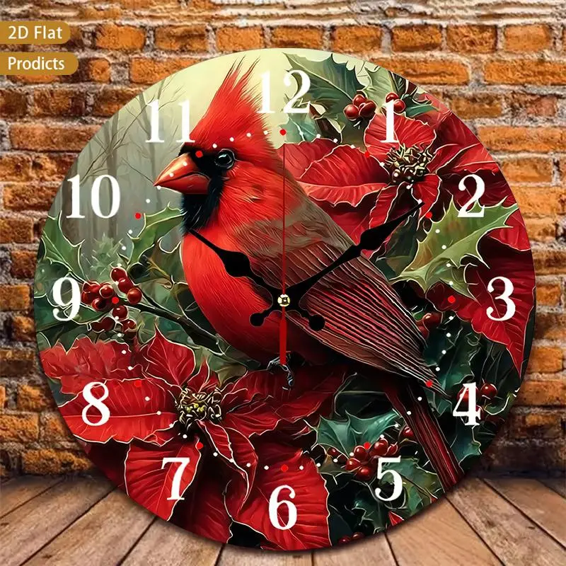 One Vintage Round Wall Clock Featuring Red Birds, Designed for a Nursery. It Has a Silent, Non-Ticng Mechanism And a 12-Inch Face, Suitable for Various Rooms Like The tchen, Bedroom, Or Living Room. Requires AA Batteries, Not Included 12 Inch