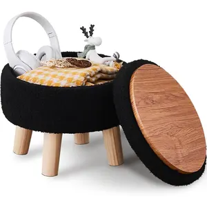 Storage Ottoman, Modern Round Footrest with Soft Padded Seat, Teddy  Footstool with  , Accent Small Table or  Stand for Hallway, Living Room (Black)