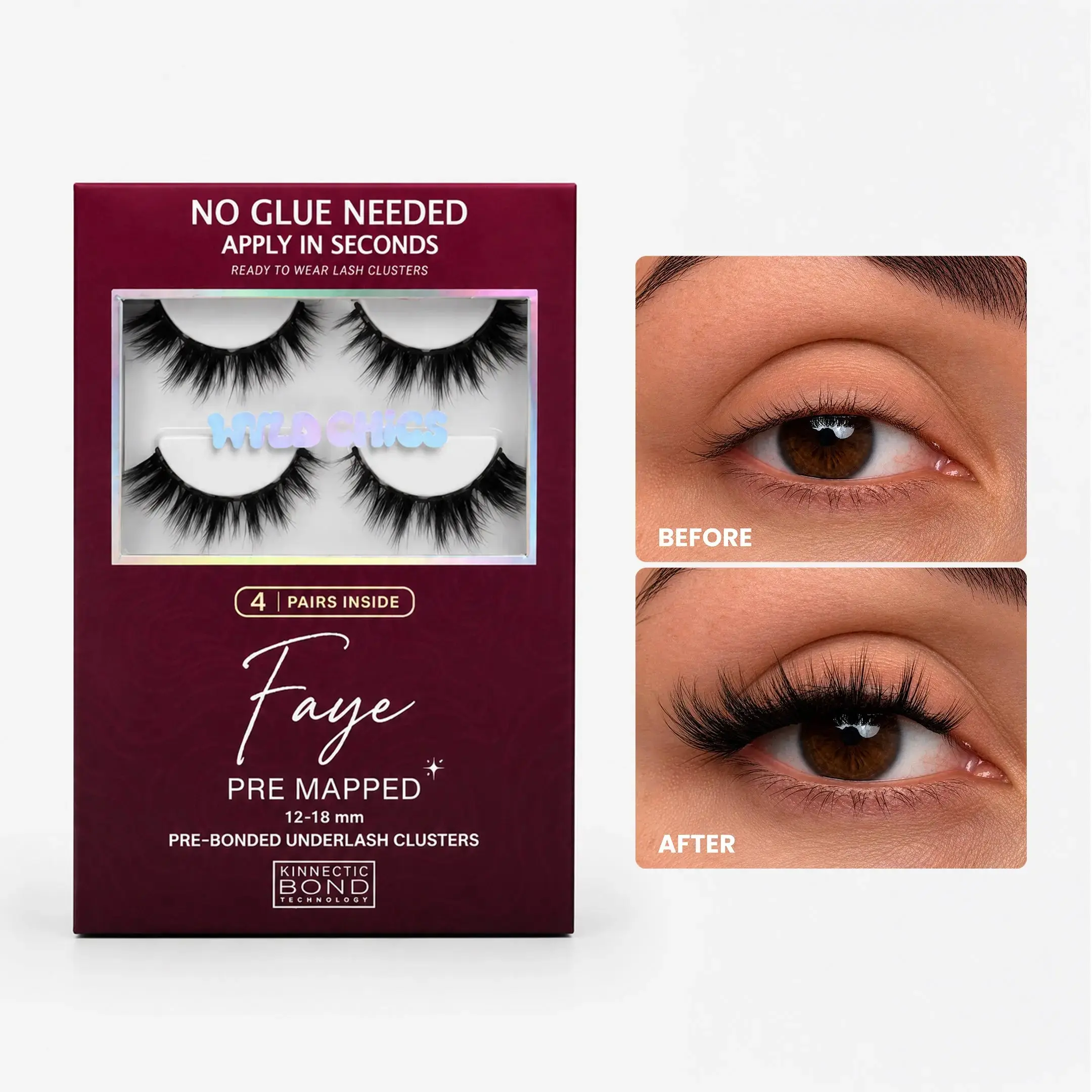Faye - Pre-Mapped Self Adhesive Lash Clusters - 4 Pairs Underlash Clusters - DIY Pre Glued Lashes - No Glue Apply in Seconds