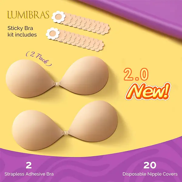 Women's 2.0 Upgrade Reusable Sticky Adhesive Bra, Invisible Push-Up Wire-Free Seamless Strapless Backless Bra, Ideal for Wedding Dresses and Backless Tops
