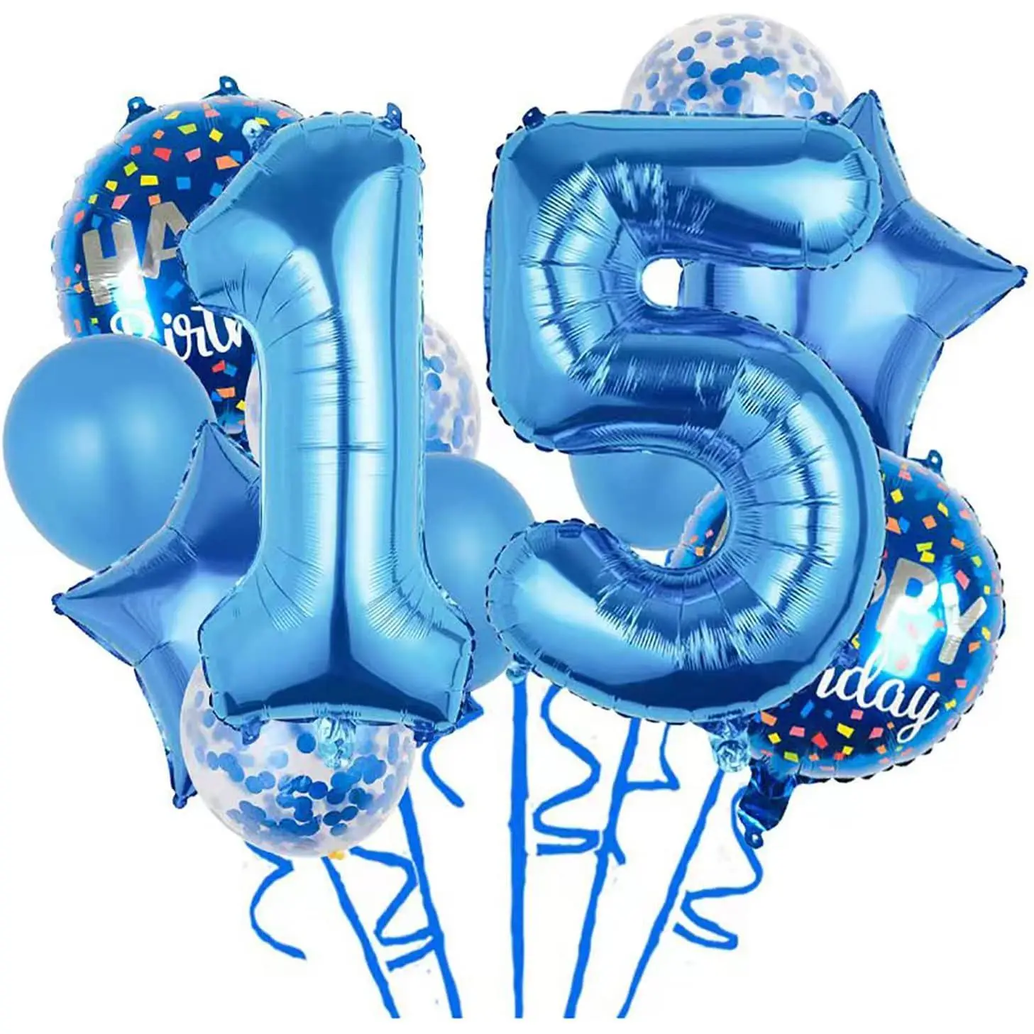 Balloons, 11 pcs Foil Balloons 15 Year Old for 15th Birthday Party Supplies Decoration, Confetti Balloon Kids Party Balloons Birthday Party Supplies 15 Years Old Birthday Balloon for Kids (15th, Blue)